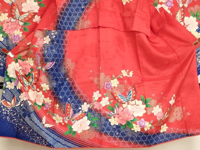 平和屋着物[]七五三　女の子　７歳　祝着　四つ身　長襦袢（単衣・半衿刺繍）セット　花蝶文　暈し染め　金彩　逸品　AABI2829ja