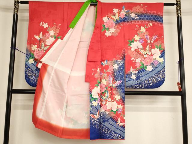 平和屋着物[]七五三　女の子　７歳　祝着　四つ身　長襦袢（単衣・半衿刺繍）セット　花蝶文　暈し染め　金彩　逸品　AABI2829ja
