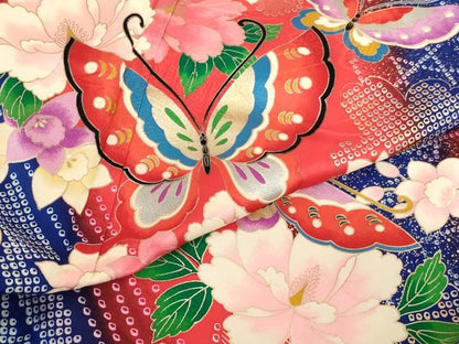 平和屋着物[]七五三　女の子　７歳　祝着　四つ身　長襦袢（単衣・半衿刺繍）セット　花蝶文　暈し染め　金彩　逸品　AABI2829ja