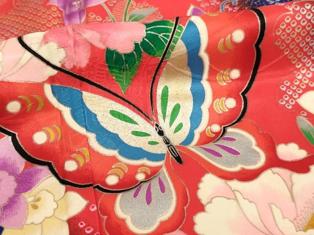 平和屋着物[]七五三　女の子　７歳　祝着　四つ身　長襦袢（単衣・半衿刺繍）セット　花蝶文　暈し染め　金彩　逸品　AABI2829ja