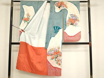 平和屋着物[]七五三　女の子　７歳　祝着　四つ身　檜扇花文　薔薇　暈し染め　金彩　洗える着物　AABI2831ja