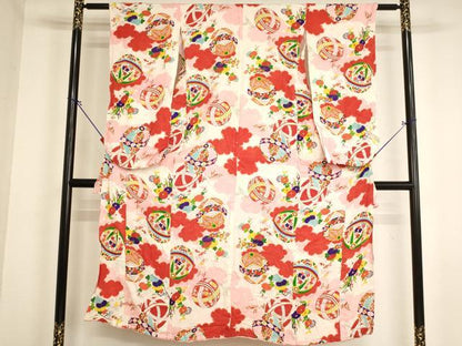 平和屋着物∵アンティーク　大正ロマン　女の子　十三参り　子供　祝着　花手毬文　逸品　AABI2834ja