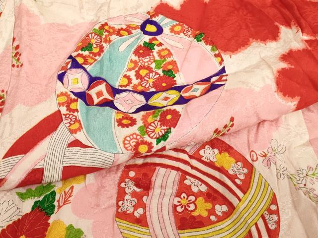 平和屋着物∵アンティーク　大正ロマン　女の子　十三参り　子供　祝着　花手毬文　逸品　AABI2834ja