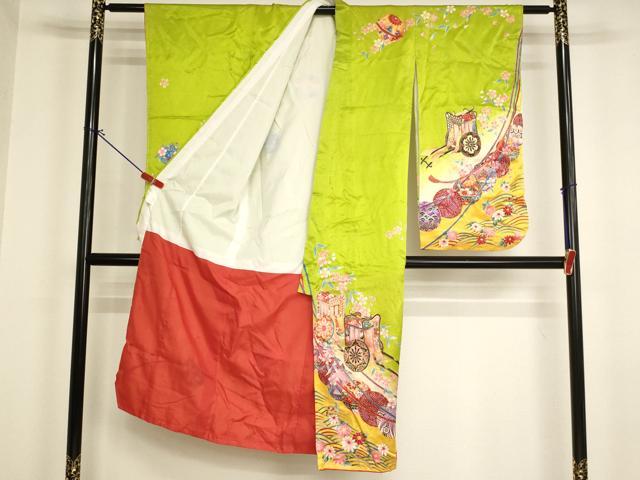 平和屋着物[]七五三　女の子　７歳　祝着　四つ身　御所車花手毬文　暈し染め　金彩　AABI2836ja