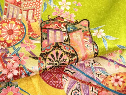 平和屋着物[]七五三　女の子　７歳　祝着　四つ身　御所車花手毬文　暈し染め　金彩　AABI2836ja