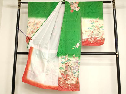 平和屋着物[]七五三　女の子　７歳　祝着　四つ身　御所車飛鶴花文　暈し染め　金彩　洗える着物　AABI2837ja