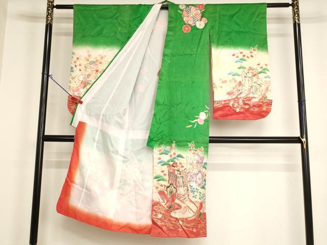 平和屋着物[]七五三　女の子　７歳　祝着　四つ身　御所車飛鶴花文　暈し染め　金彩　洗える着物　AABI2837ja
