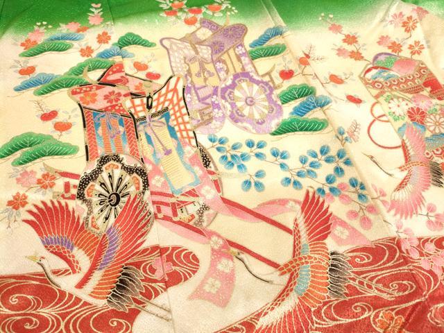平和屋着物[]七五三　女の子　７歳　祝着　四つ身　御所車飛鶴花文　暈し染め　金彩　洗える着物　AABI2837ja