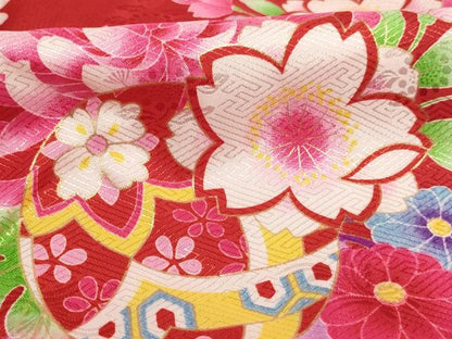 平和屋着物[]七五三　女の子　７歳　祝着　四つ身　花手毬文　金彩　洗える着物　AABI2839ja