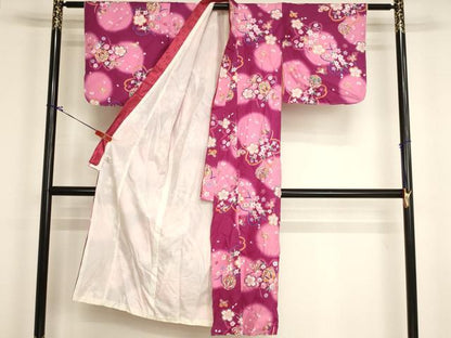 平和屋着物[]七五三　女の子　７歳　祝着　四つ身　桜手毬舞蝶文　暈し染め　金彩　洗える着物　AABI2840ja