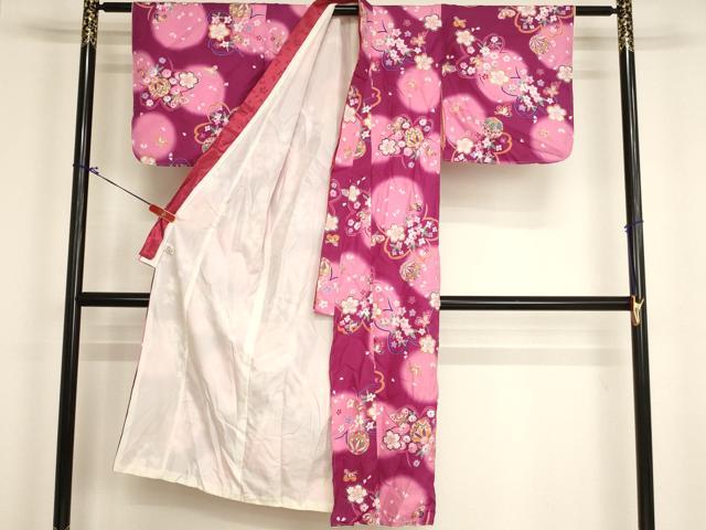 平和屋着物[]七五三　女の子　７歳　祝着　四つ身　桜手毬舞蝶文　暈し染め　金彩　洗える着物　AABI2840ja