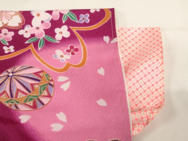 平和屋着物[]七五三　女の子　７歳　祝着　四つ身　桜手毬舞蝶文　暈し染め　金彩　洗える着物　AABI2840ja