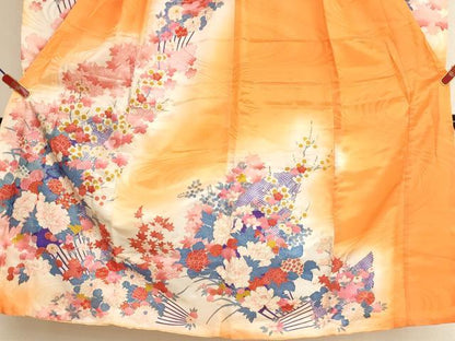 平和屋着物[]七五三　女の子　７歳　祝着　四つ身　長襦袢（無双仕立て）セット　舞扇花文　暈し染め　金彩　AABI2843ja
