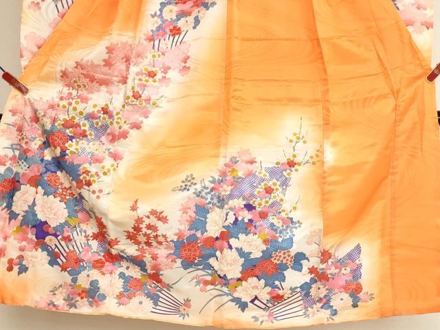 平和屋着物[]七五三　女の子　７歳　祝着　四つ身　長襦袢（無双仕立て）セット　舞扇花文　暈し染め　金彩　AABI2843ja