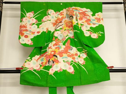 平和屋着物[]七五三　女の子　３歳　祝着　一つ身　刺繍　御所車花文　金銀糸　金彩　逸品　AABI2845ja