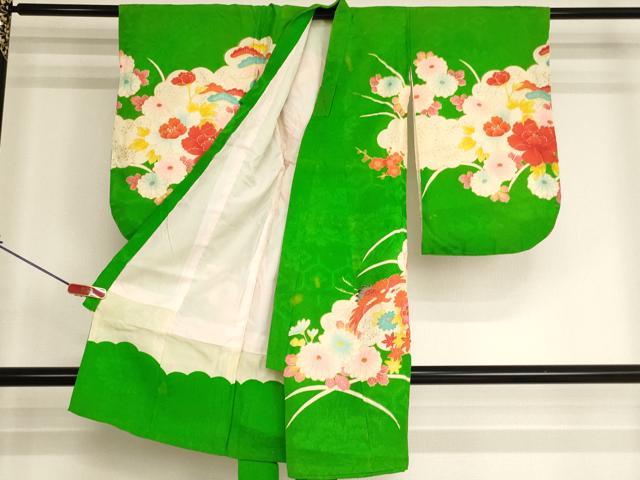 平和屋着物[]七五三　女の子　３歳　祝着　一つ身　刺繍　御所車花文　金銀糸　金彩　逸品　AABI2845ja