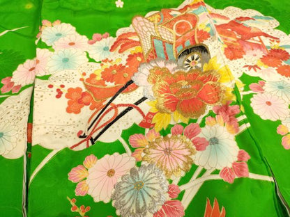 平和屋着物[]七五三　女の子　３歳　祝着　一つ身　刺繍　御所車花文　金銀糸　金彩　逸品　AABI2845ja