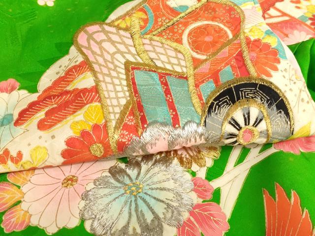 平和屋着物[]七五三　女の子　３歳　祝着　一つ身　刺繍　御所車花文　金銀糸　金彩　逸品　AABI2845ja