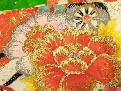 平和屋着物[]七五三　女の子　３歳　祝着　一つ身　刺繍　御所車花文　金銀糸　金彩　逸品　AABI2845ja