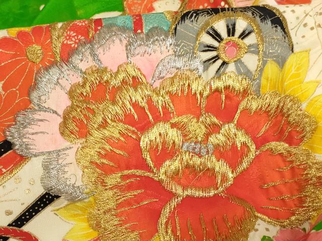 平和屋着物[]七五三　女の子　３歳　祝着　一つ身　刺繍　御所車花文　金銀糸　金彩　逸品　AABI2845ja