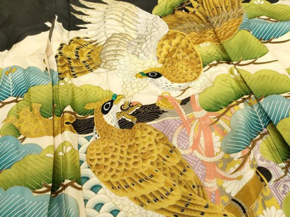 平和屋着物[]七五三　男の子　５歳　祝着・長襦袢（袷）セット　一つ身　刺繍　鷹　松　金銀糸　金彩　逸品　AABI2846ja