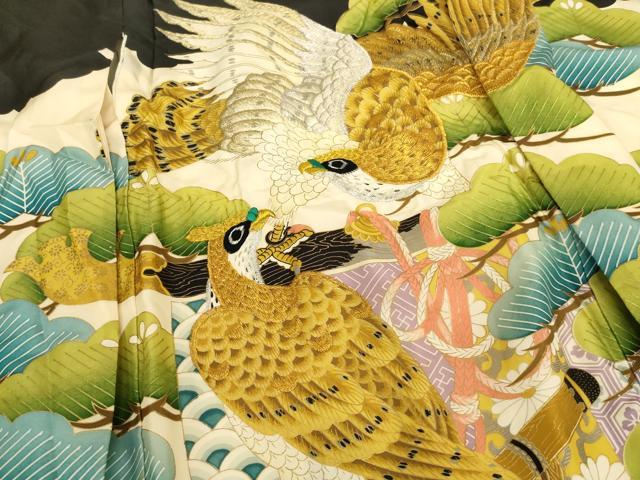 平和屋着物[]七五三　男の子　５歳　祝着・長襦袢（袷）セット　一つ身　刺繍　鷹　松　金銀糸　金彩　逸品　AABI2846ja