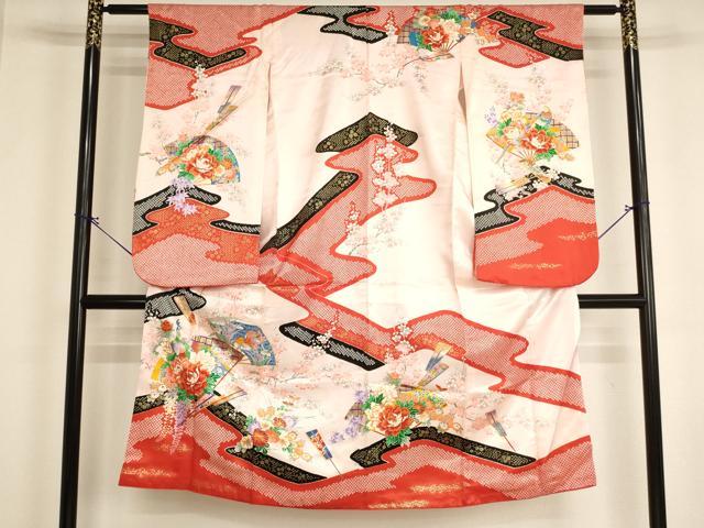 平和屋着物[]七五三　女の子　７歳　祝着　四つ身　扇面花鳥文　孔雀　鴛鴦　金彩　逸品　AABI2848ja