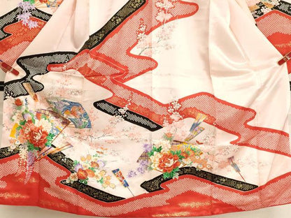 平和屋着物[]七五三　女の子　７歳　祝着　四つ身　扇面花鳥文　孔雀　鴛鴦　金彩　逸品　AABI2848ja
