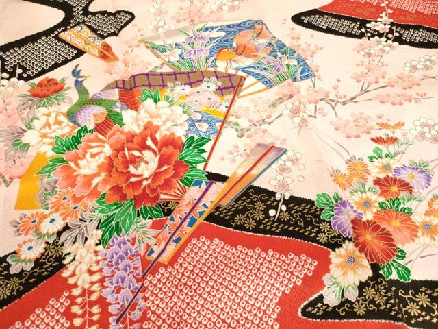 平和屋着物[]七五三　女の子　７歳　祝着　四つ身　扇面花鳥文　孔雀　鴛鴦　金彩　逸品　AABI2848ja
