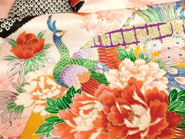 平和屋着物[]七五三　女の子　７歳　祝着　四つ身　扇面花鳥文　孔雀　鴛鴦　金彩　逸品　AABI2848ja