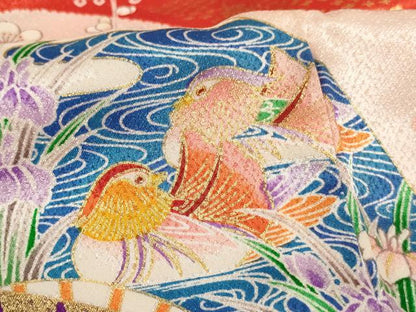 平和屋着物[]七五三　女の子　７歳　祝着　四つ身　扇面花鳥文　孔雀　鴛鴦　金彩　逸品　AABI2848ja