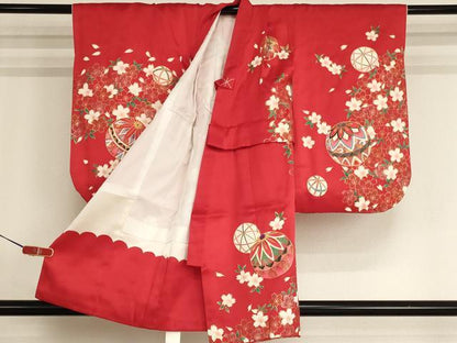 平和屋着物[]七五三 女の子 ３歳 祝着 一つ身 長襦袢（袷・半衿刺繍）セット 桜手毬文 金銀彩 逸品 AABI2851ja