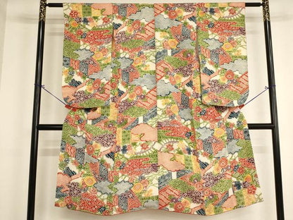 平和屋着物[]七五三 女の子 ７歳 祝着 四つ身 割付花文 鬼しぼ縮緬 逸品 AABI2855ja