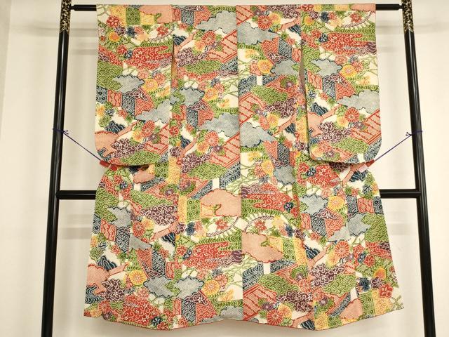 平和屋着物[]七五三 女の子 ７歳 祝着 四つ身 割付花文 鬼しぼ縮緬 逸品 AABI2855ja