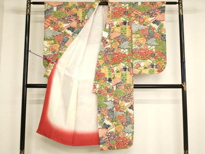平和屋着物[]七五三 女の子 ７歳 祝着 四つ身 割付花文 鬼しぼ縮緬 逸品 AABI2855ja