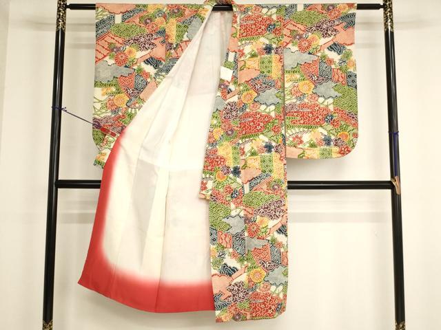平和屋着物[]七五三 女の子 ７歳 祝着 四つ身 割付花文 鬼しぼ縮緬 逸品 AABI2855ja