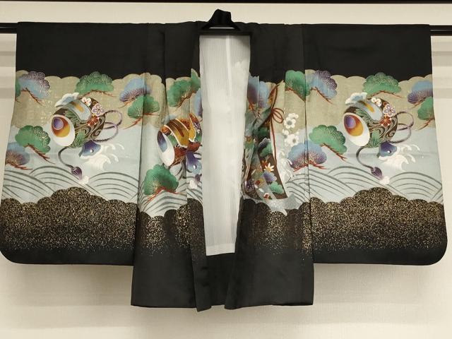平和屋着物[]七五三 男の子 ５歳 祝着・羽織・行灯袴・小物セット 鷹 吉祥花文 黒地 金彩 AABI2859ja