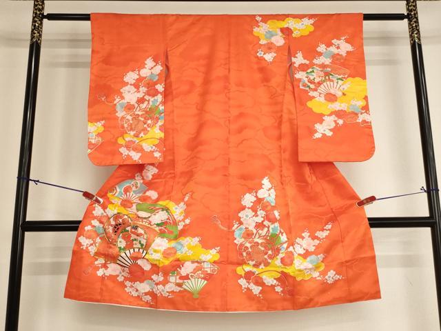 平和屋着物[]七五三 女の子 ５歳 祝着 駒刺繍 扇面花鼓文 金彩 洗える着物 AABI2862ja