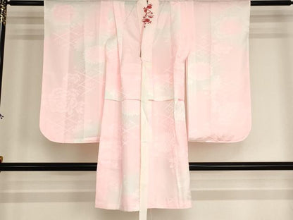 平和屋着物[]子供 女の子 長襦袢 単衣 菊 牡丹地紋 暈し染め 半衿刺繍 洗える着物 未使用 AABI2864ja