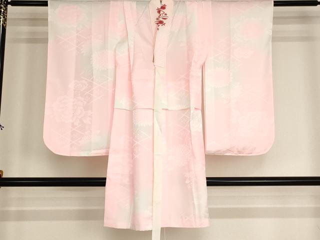 平和屋着物[]子供 女の子 長襦袢 単衣 菊 牡丹地紋 暈し染め 半衿刺繍 洗える着物 未使用 AABI2864ja