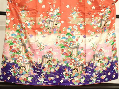 平和屋着物∵女の子　十三参り　子供　祝着　御所車花文　暈し染め　金彩　洗える着物　AABI2866ja