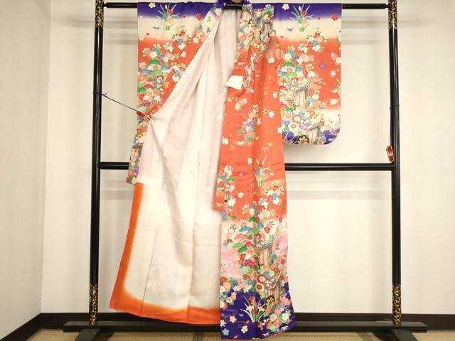 平和屋着物∵女の子　十三参り　子供　祝着　御所車花文　暈し染め　金彩　洗える着物　AABI2866ja
