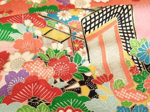 平和屋着物∵女の子　十三参り　子供　祝着　御所車花文　暈し染め　金彩　洗える着物　AABI2866ja
