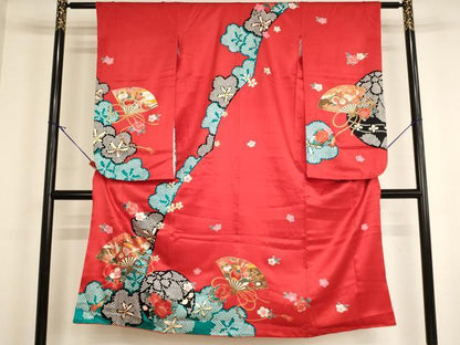 平和屋着物[]七五三 女の子 ７歳 祝着 四つ身 扇面飛鶴花文 金彩 逸品 AABI2867ja