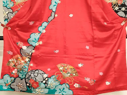 平和屋着物[]七五三 女の子 ７歳 祝着 四つ身 扇面飛鶴花文 金彩 逸品 AABI2867ja