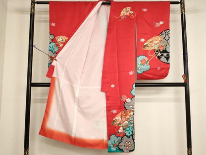 平和屋着物[]七五三 女の子 ７歳 祝着 四つ身 扇面飛鶴花文 金彩 逸品 AABI2867ja