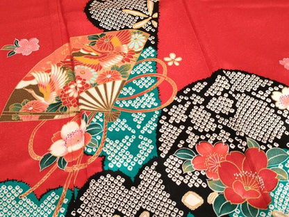 平和屋着物[]七五三 女の子 ７歳 祝着 四つ身 扇面飛鶴花文 金彩 逸品 AABI2867ja