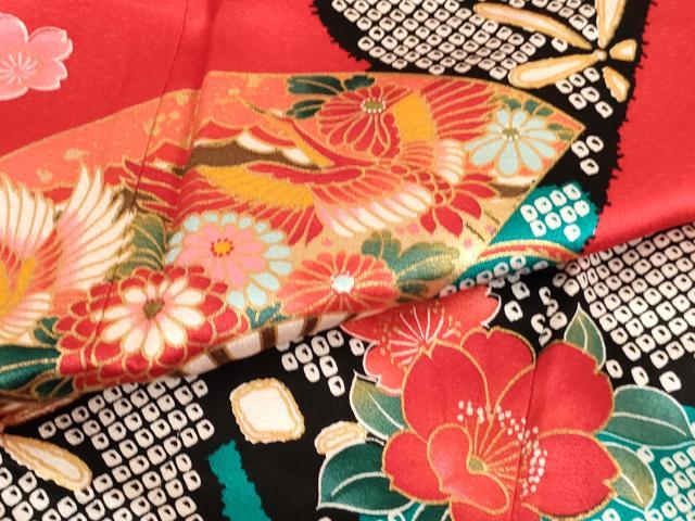 平和屋着物[]七五三 女の子 ７歳 祝着 四つ身 扇面飛鶴花文 金彩 逸品 AABI2867ja