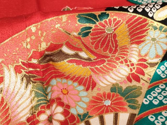 平和屋着物[]七五三 女の子 ７歳 祝着 四つ身 扇面飛鶴花文 金彩 逸品 AABI2867ja