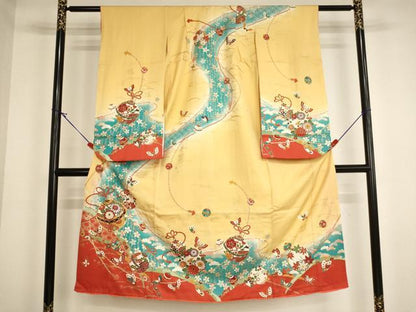 平和屋着物[]七五三 女の子 ７歳 祝着 四つ身 駒刺繍 鈴 花蝶文 暈し染め 金彩 逸品 AABI2868ja
